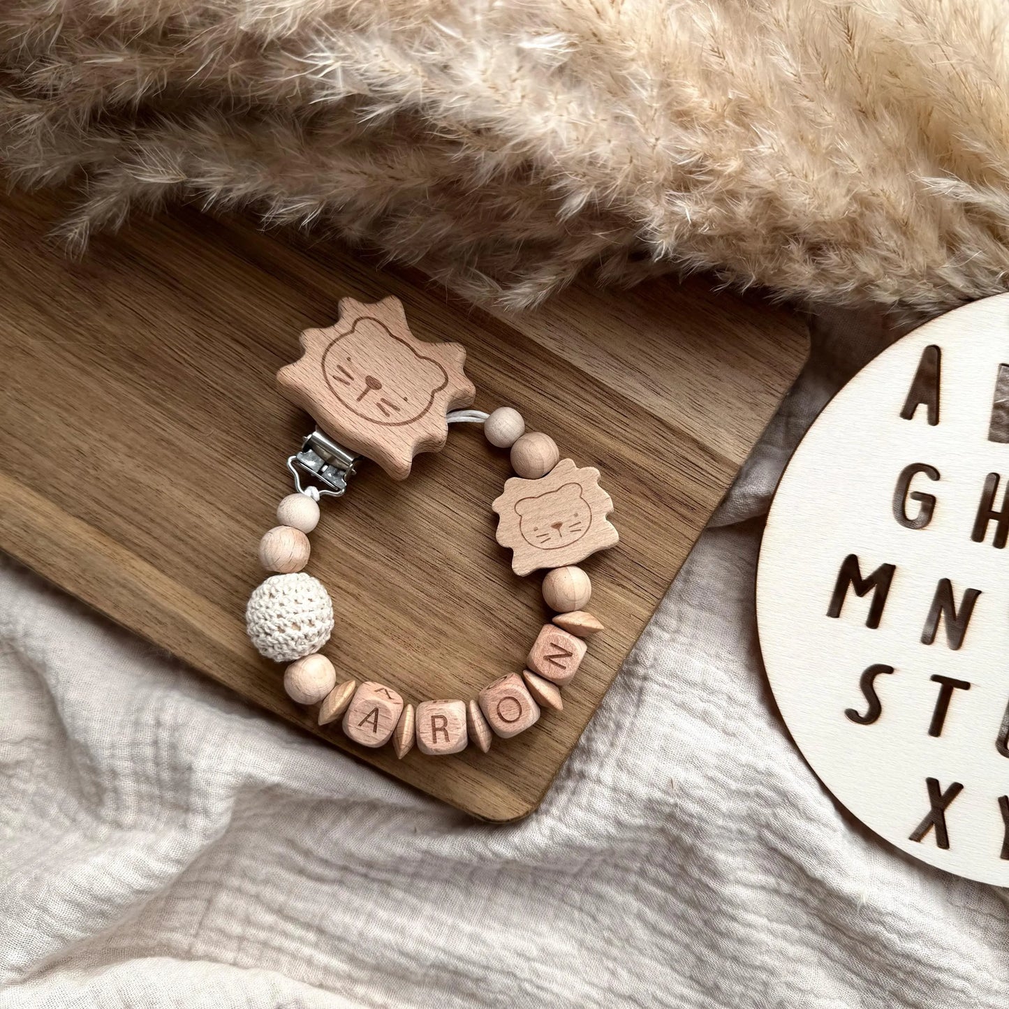 Personalisierte Schnullerkette mit Name - Löwe Hauniper