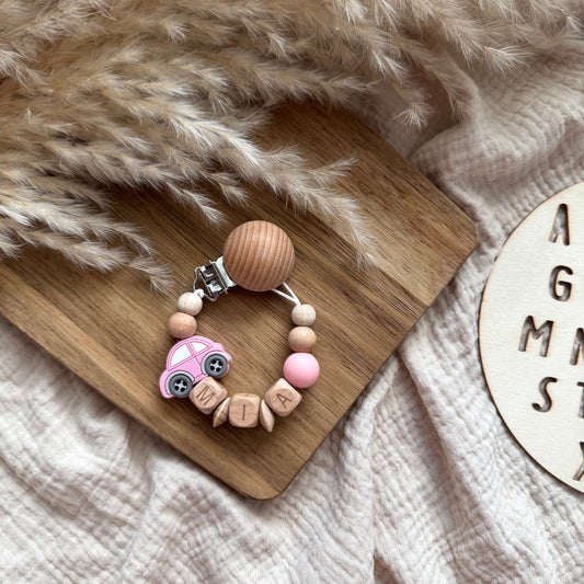 Personalisierte Schnullerkette Pinkes Auto Hauniper