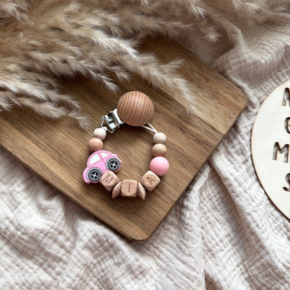 Personalisierte Schnullerkette Pinkes Auto Hauniper