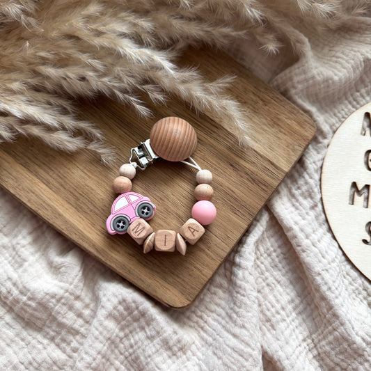 Personalisierte Schnullerkette Pinkes Auto Hauniper