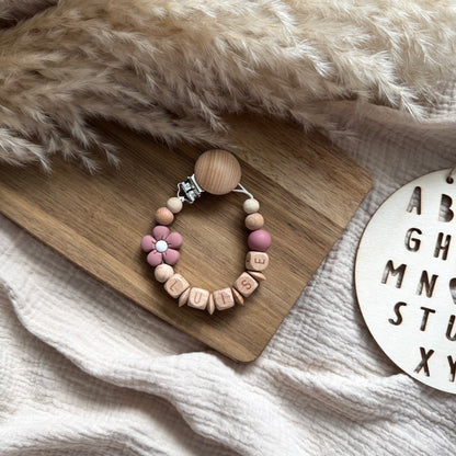 Personalisierte Schnullerkette Blume bordeaux Hauniper