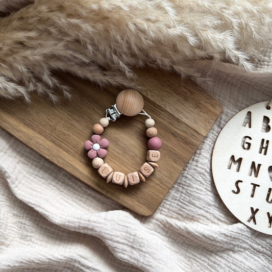 Personalisierte Schnullerkette Blume bordeaux Hauniper