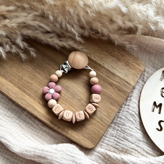 Personalisierte Schnullerkette Blume bordeaux Hauniper