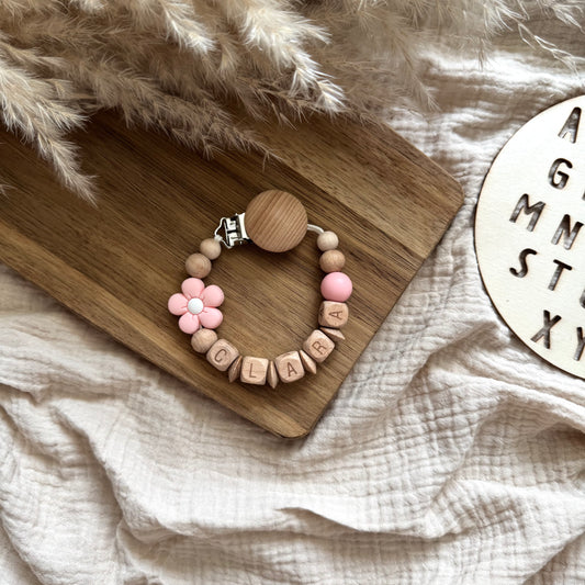 Personalisierte Schnullerkette Blume Rosa Hauniper
