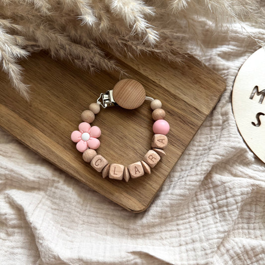 Personalisierte Schnullerkette Blume Rosa Hauniper
