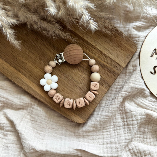 Personalisierte Schnullerkette Blume Weiß Hauniper