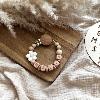 Personalisierte Schnullerkette Blume Weiß Hauniper