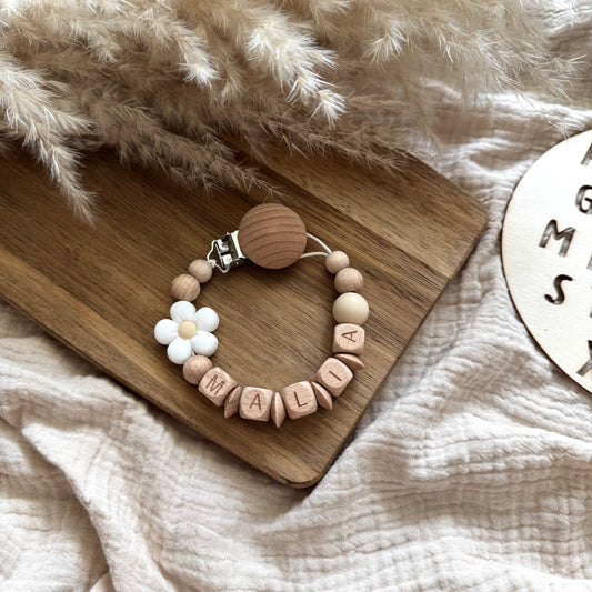 Personalisierte Schnullerkette Blume Weiß Hauniper