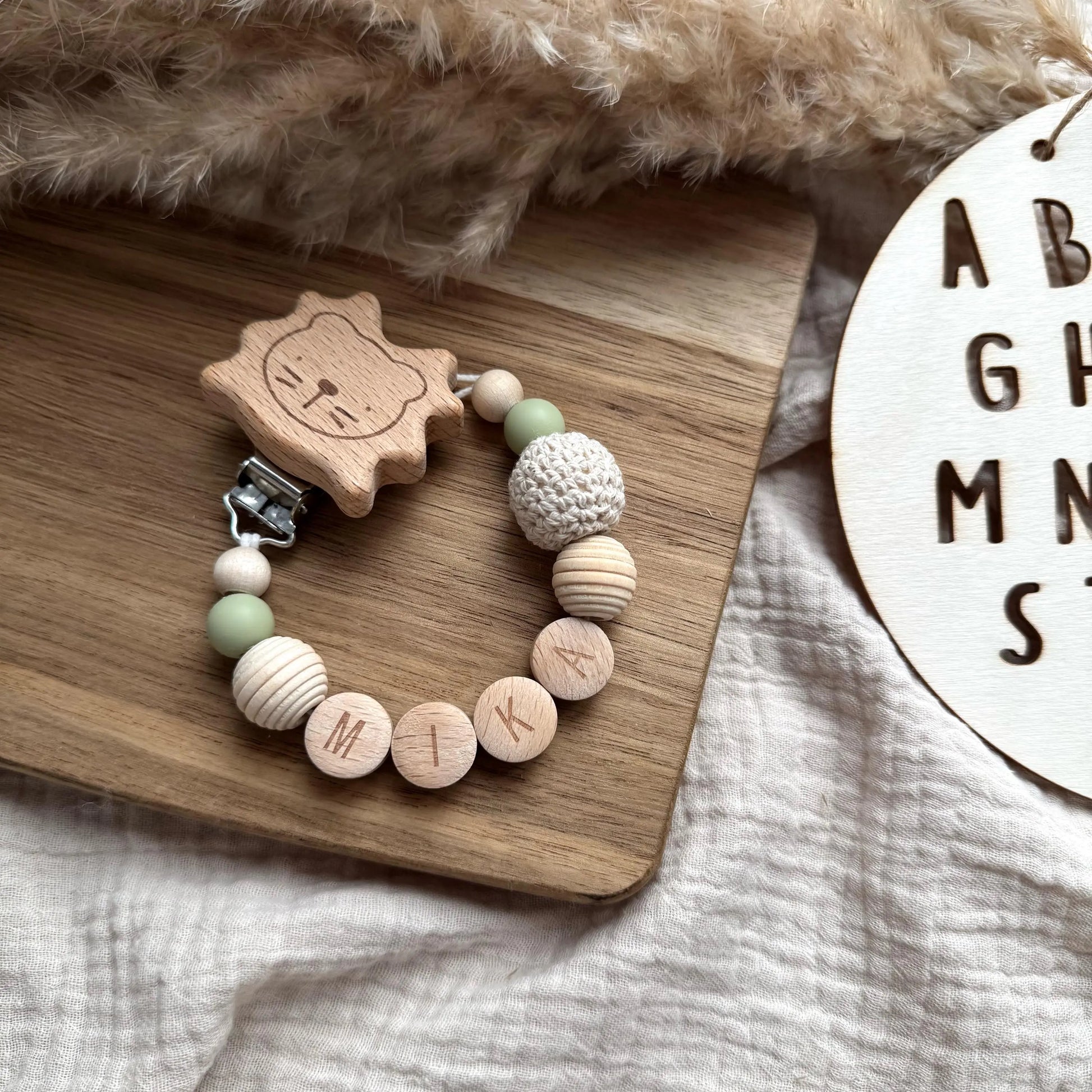 Personalisierte Schnullerkette mit Name - Löwe Hauniper